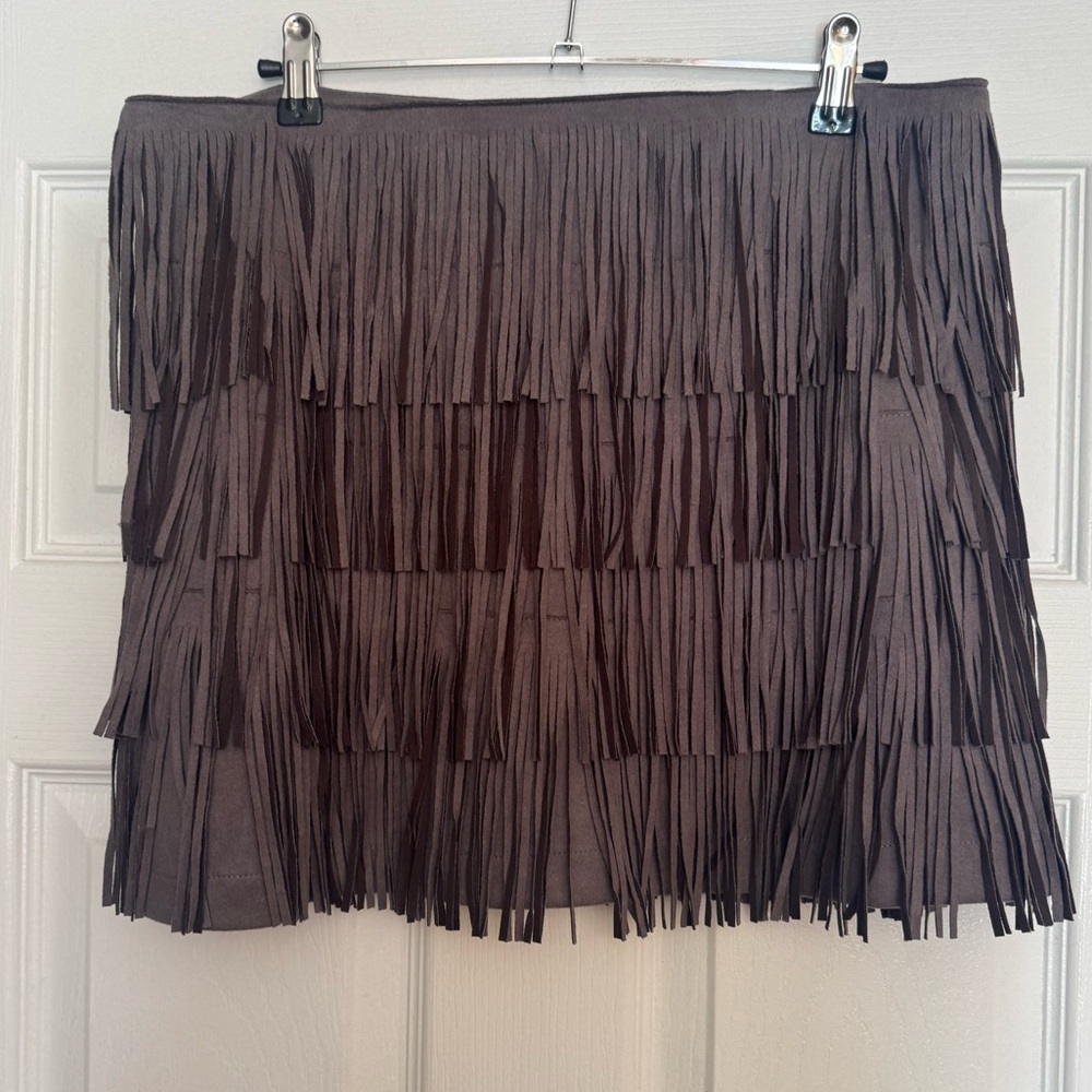 Grey Suede Fringe Skirt - Picture 2 of 4